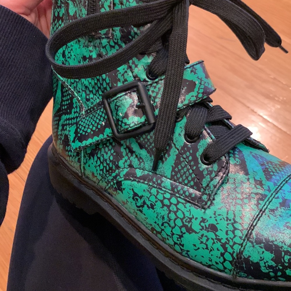 Current Mood Clothing Green Combat Boots Snakeskin Biker Moto Shoes Dolls Kill - Picture 5 of 13